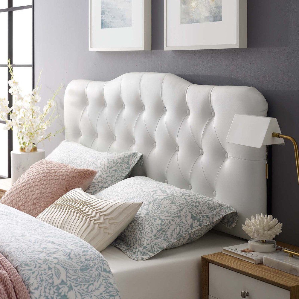 Modway Annabel Tufted Button Vegan Leather Upholstered Full Headboard in White