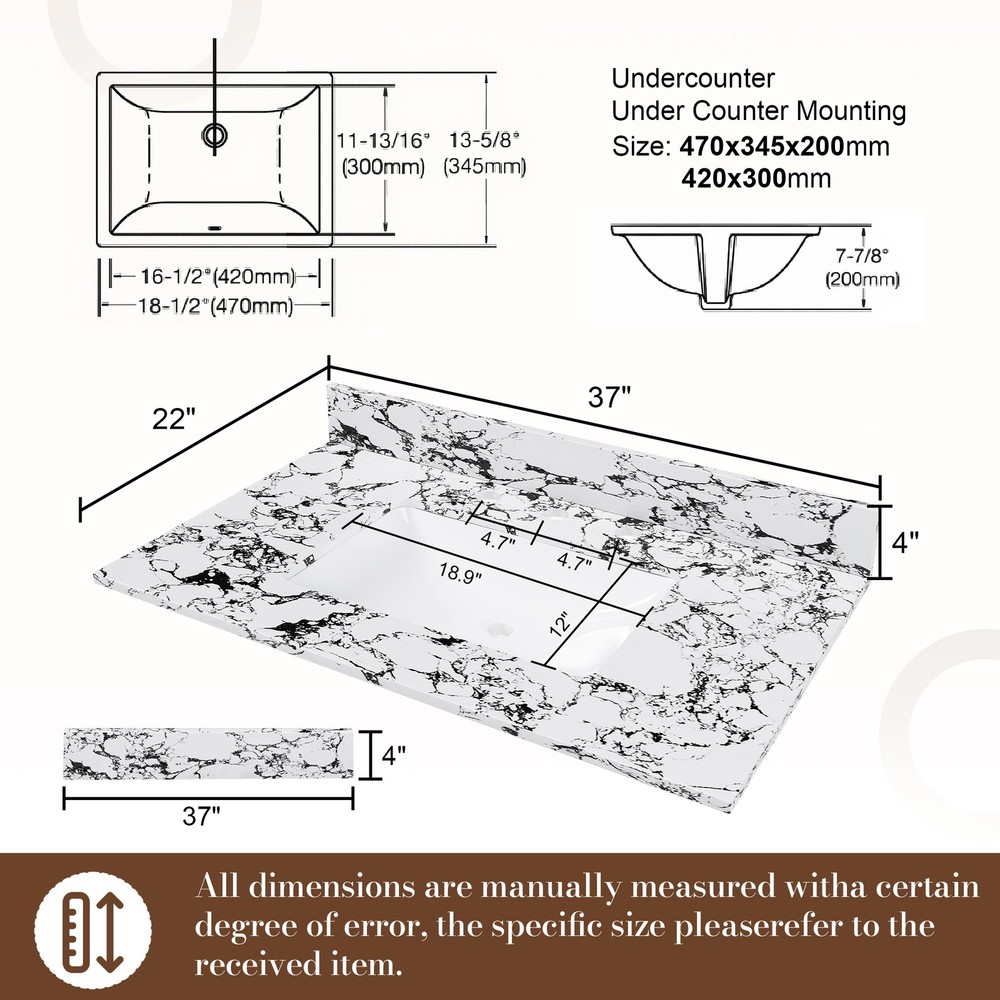 37"x22"Bathroom Vanity Top, W/Undermount Ceramic Sink and Backsplash, artificial