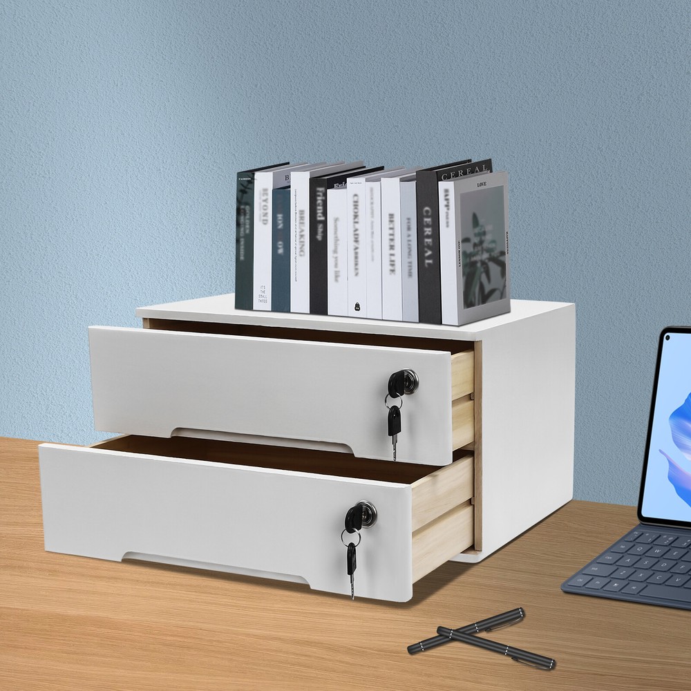 Compact Lockable 2-Drawer Wood Desktop Storage Cabinet with Keys