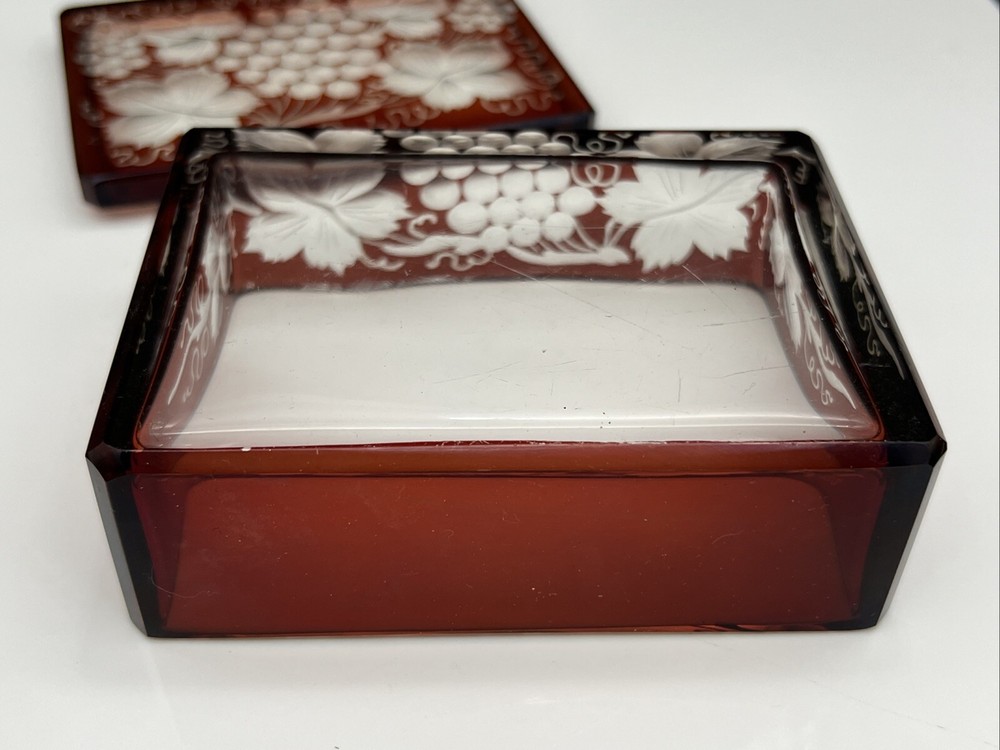 Vintage Ruby Stained Cut Glass Engraved Grape Vine Lidded Glass Cigarette Box