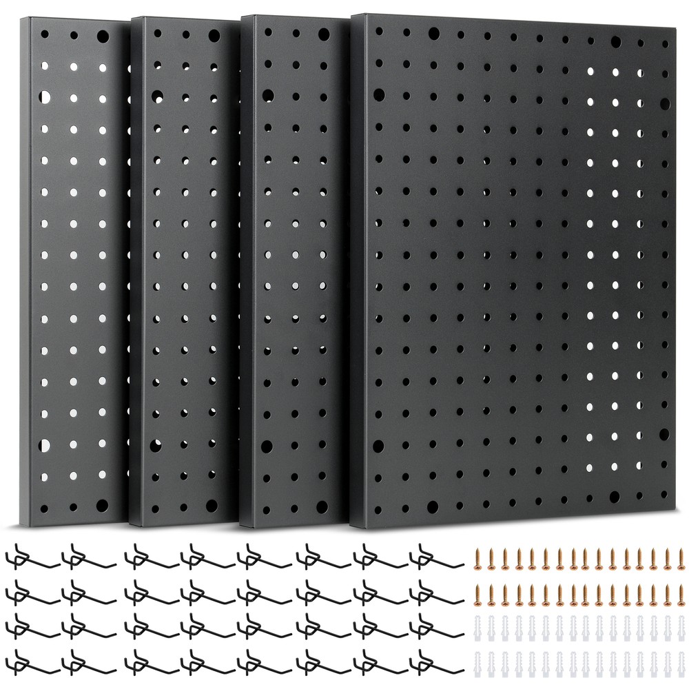 Heavy Duty 4-Panel Pegboard Wall Organizer With 32 Peg Hooks - Black