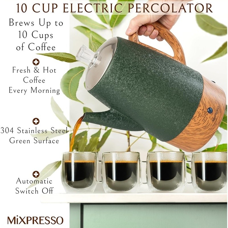Electric Coffee Percolator 10 Cups Stainless Steel Easy Pour Keep Warm Function
