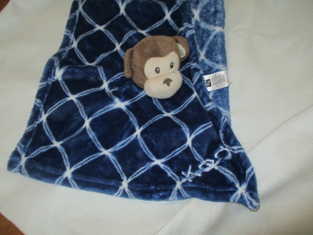 HB Hudson Monkey Dark Blue White Security Blanket 14" Lovey NAME KOA personalize