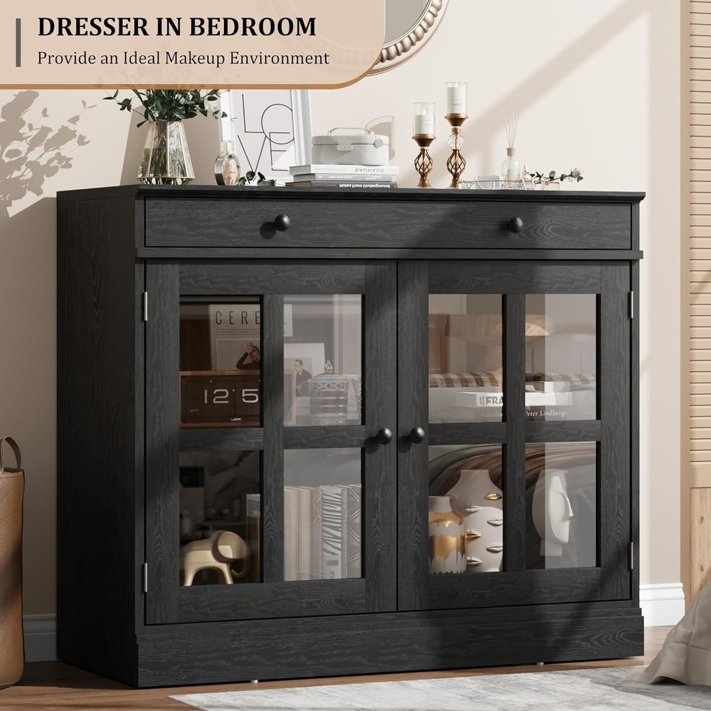 Buffet Cabinet with 2 Glass Doors & Drawer, Adjustable Shelf for Kitchen Storage