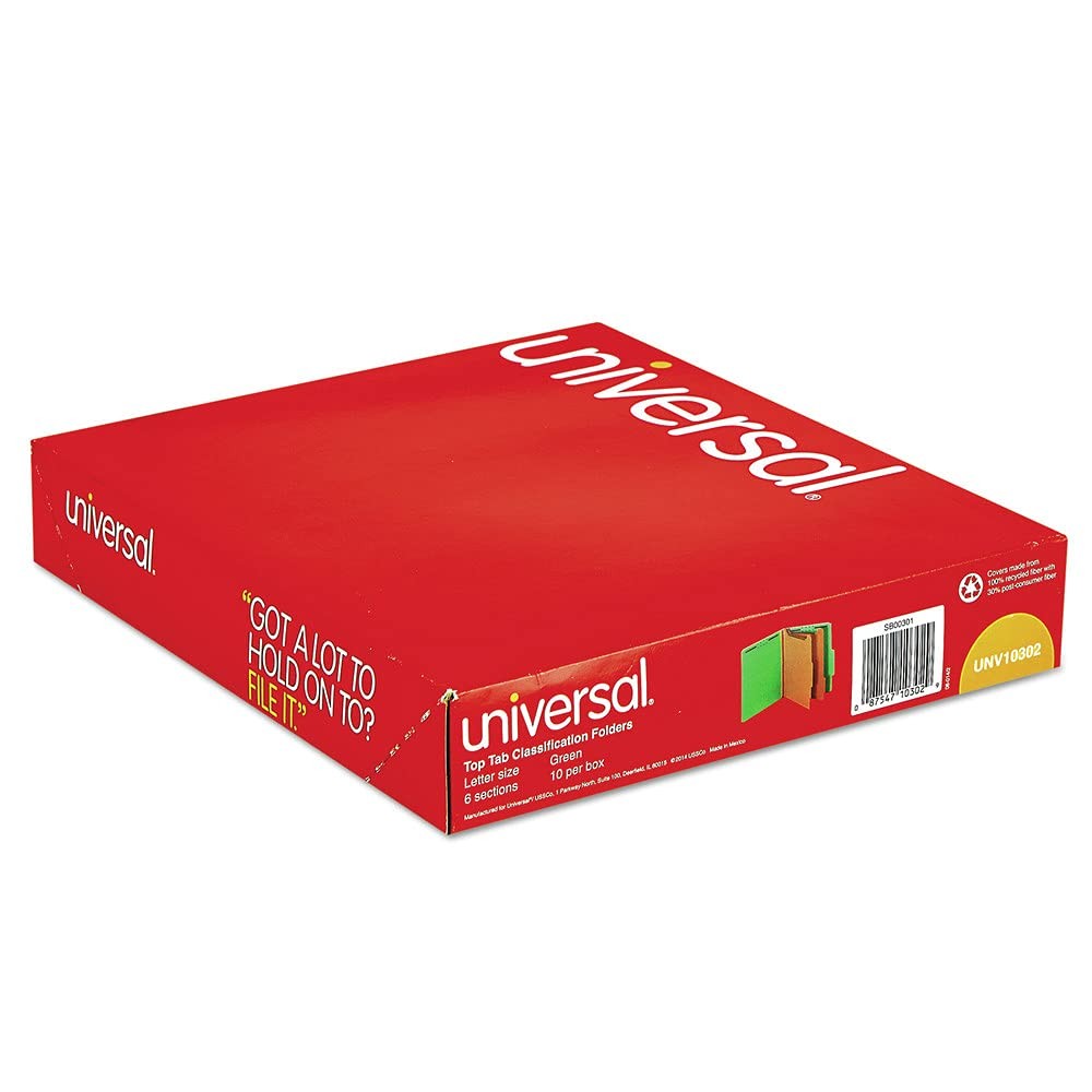 Universal 10302 Pressboard Classification Folders, Letter, Green