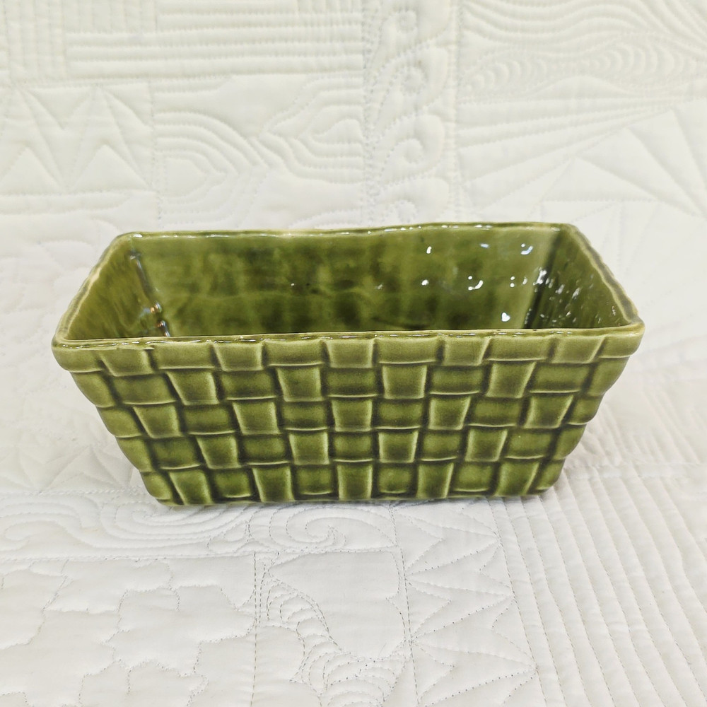 Brush USA 1087 Basketweave Planter Rectangular Green Pottery Vintage