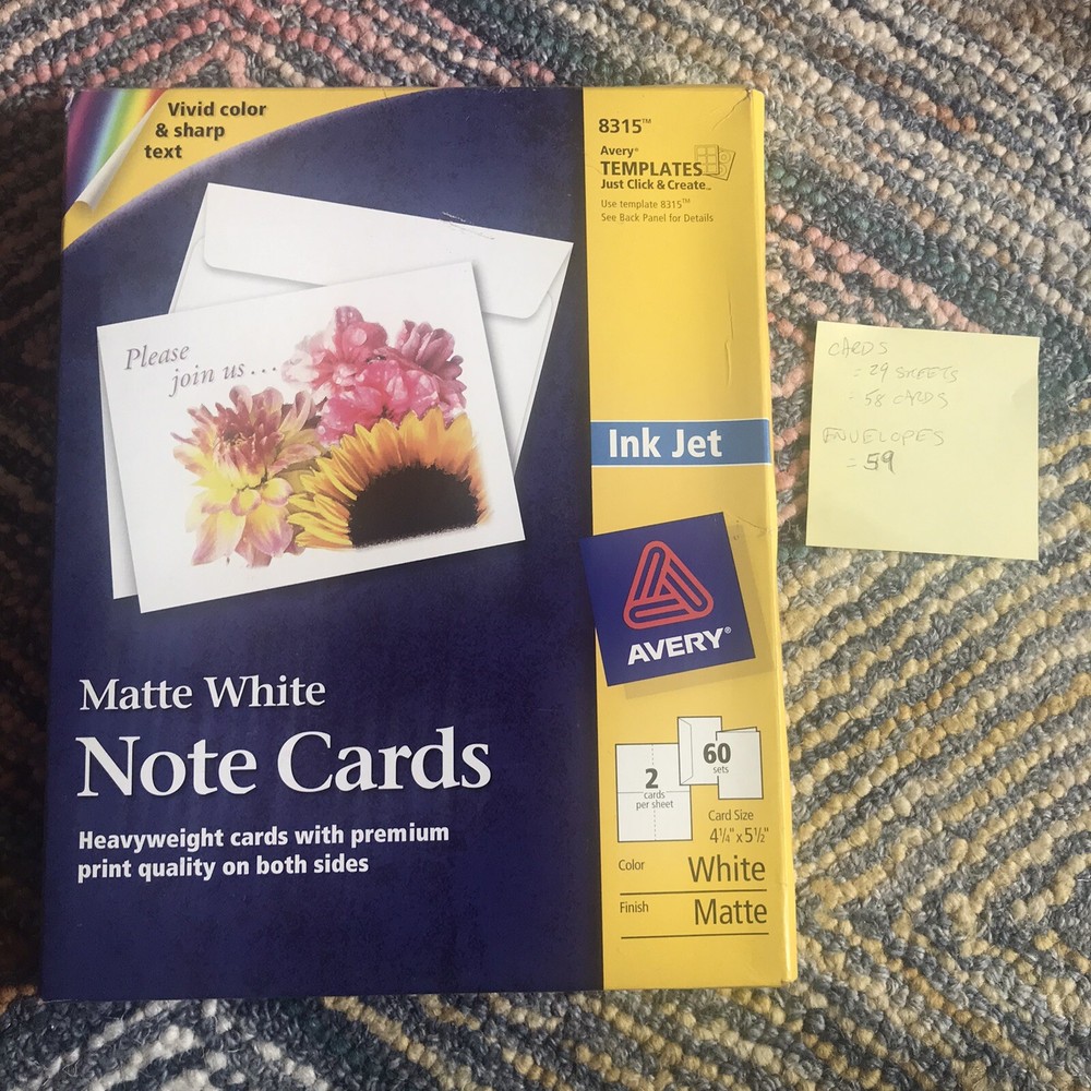 Avery Note Cards 8315  4.25x5.5" Matte White 60/Pack W/ Envelopes Open Box