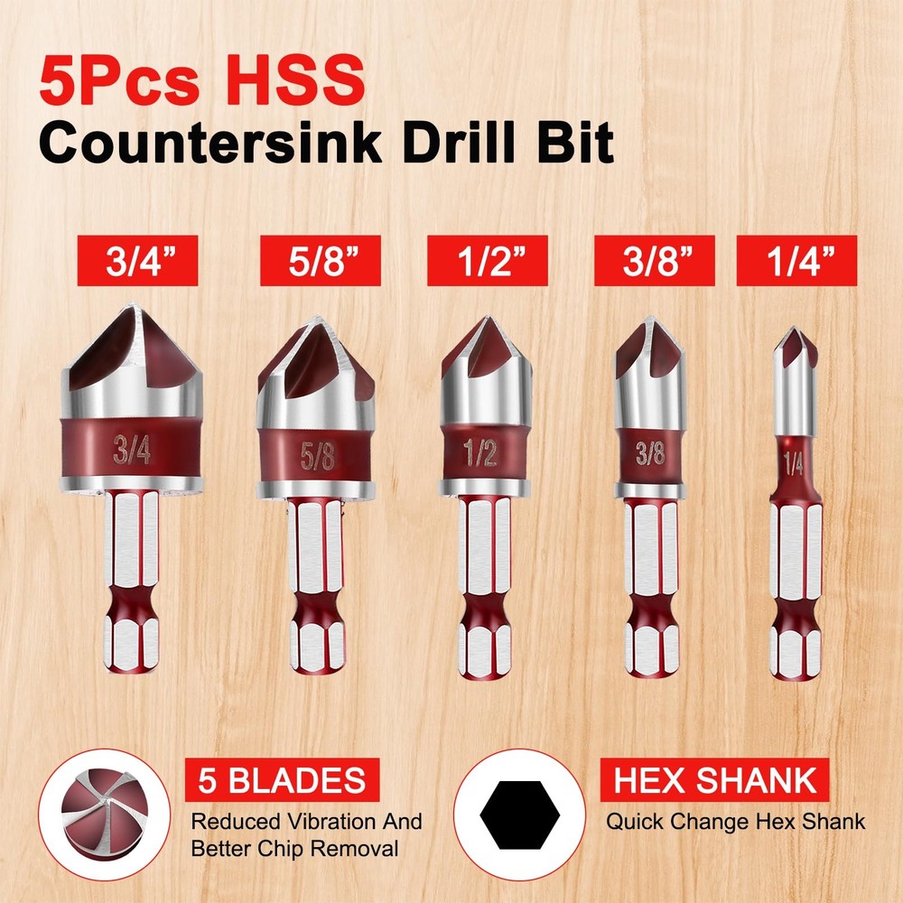 5Pcs Countersink Drill Bit Set, 82 Degree 5-Flute 0.75 inches