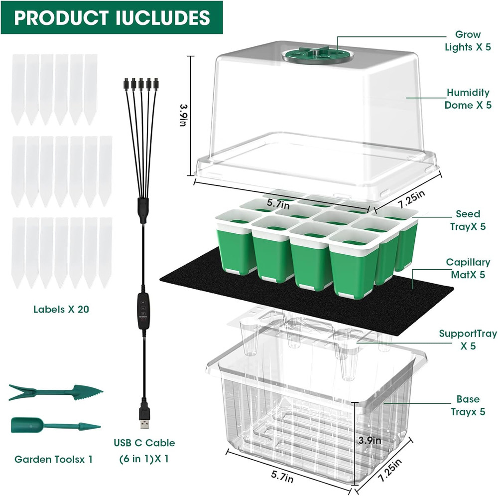 60-Cell Self-Watering Seed Starter Kit with Grow Light - 5-Pack