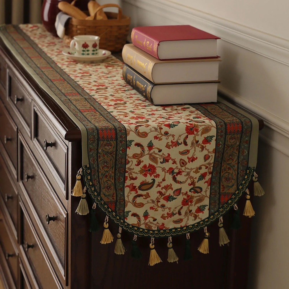 Vintage Linen Table Runner - Luxury Boho Tassel Tea Ceremony Decor,Extra Long