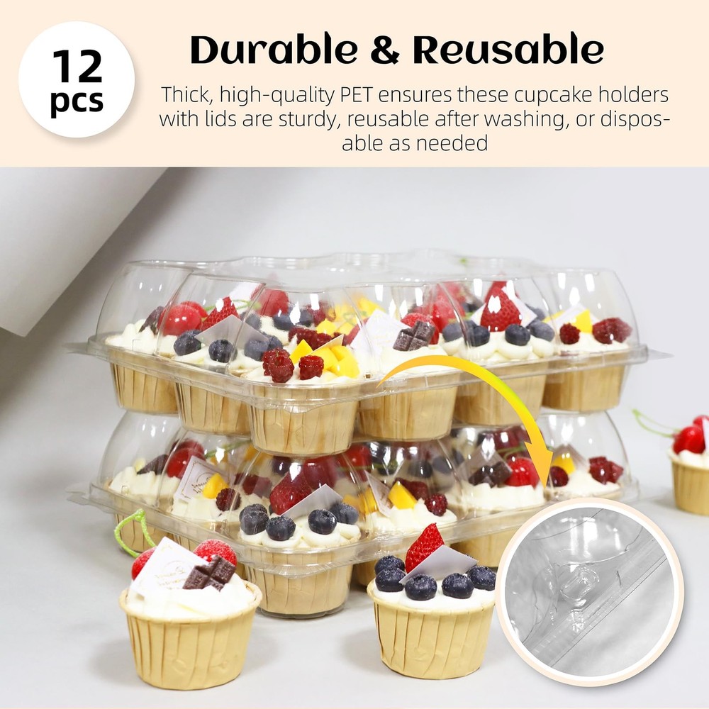 12 Count x 12 Sets Plastic Cupcake Containers, Durable and BPA-Cupcake Holder...