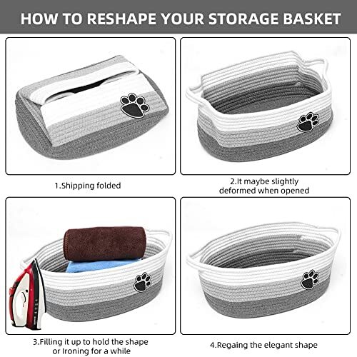Small Woven Baskets for Organizing Rope Storage Basket with Handle Grey-white