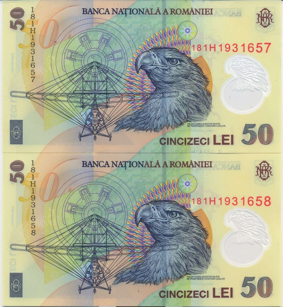 ROMANIA - 50 LEI 2018 UNC - POLYMER - 2 CONSECUTIVE SERIAL NUMBERS - NEW!!!