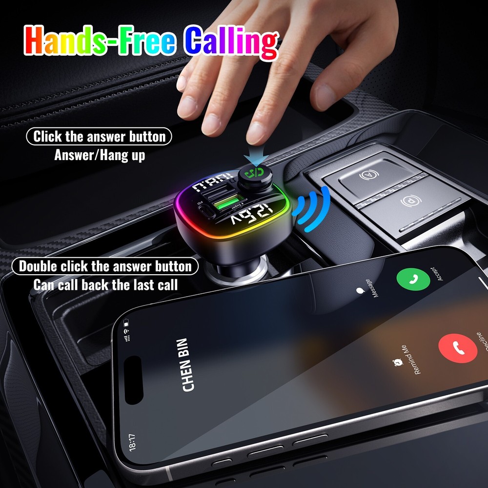 USB PD Charger w/ AUX&Hands-Free Function FastCharge Car Wireless FM Transmitter