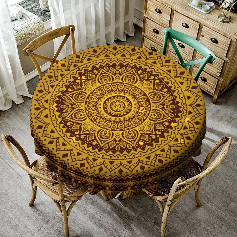 Boho Gold Mandala Tablecloth, Rustic Vintage Abstract Ethnic Round Tablecloth...