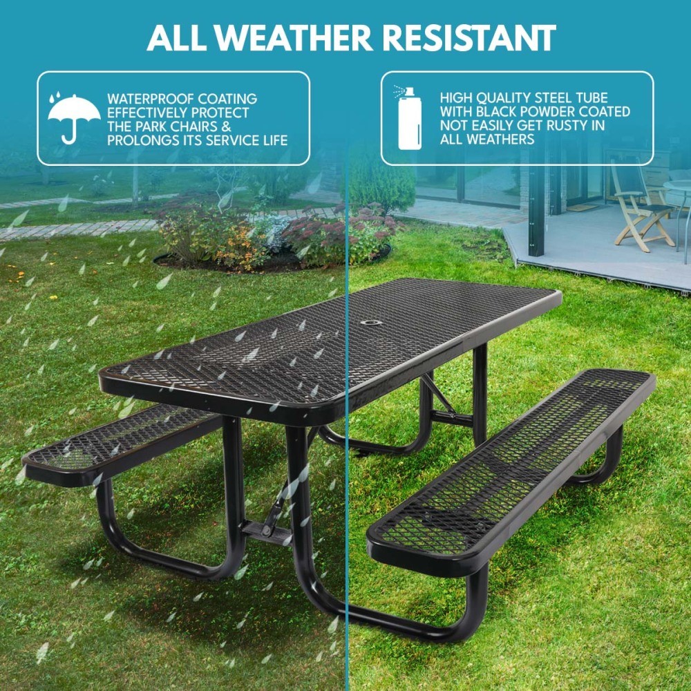 6FT Steel Rectangular Picnic Table w/ Center Umbrella Hole, Black