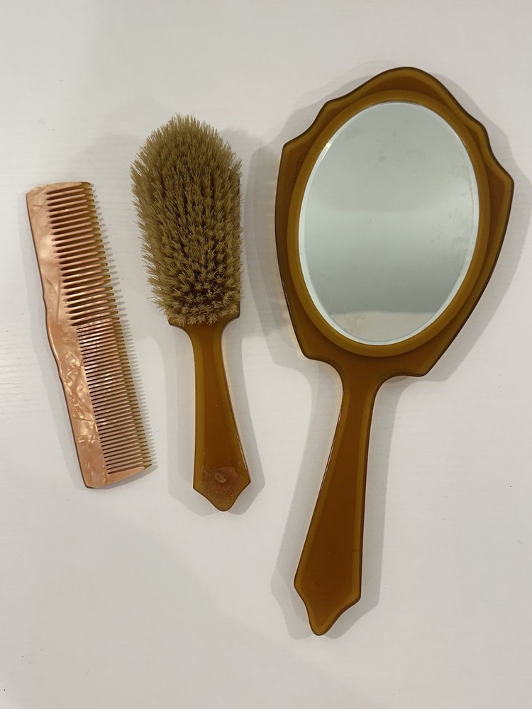 Vintage Pyramid 1920s 1930s Pearlized Celluloid Vanity Set Mirror Brush Comb