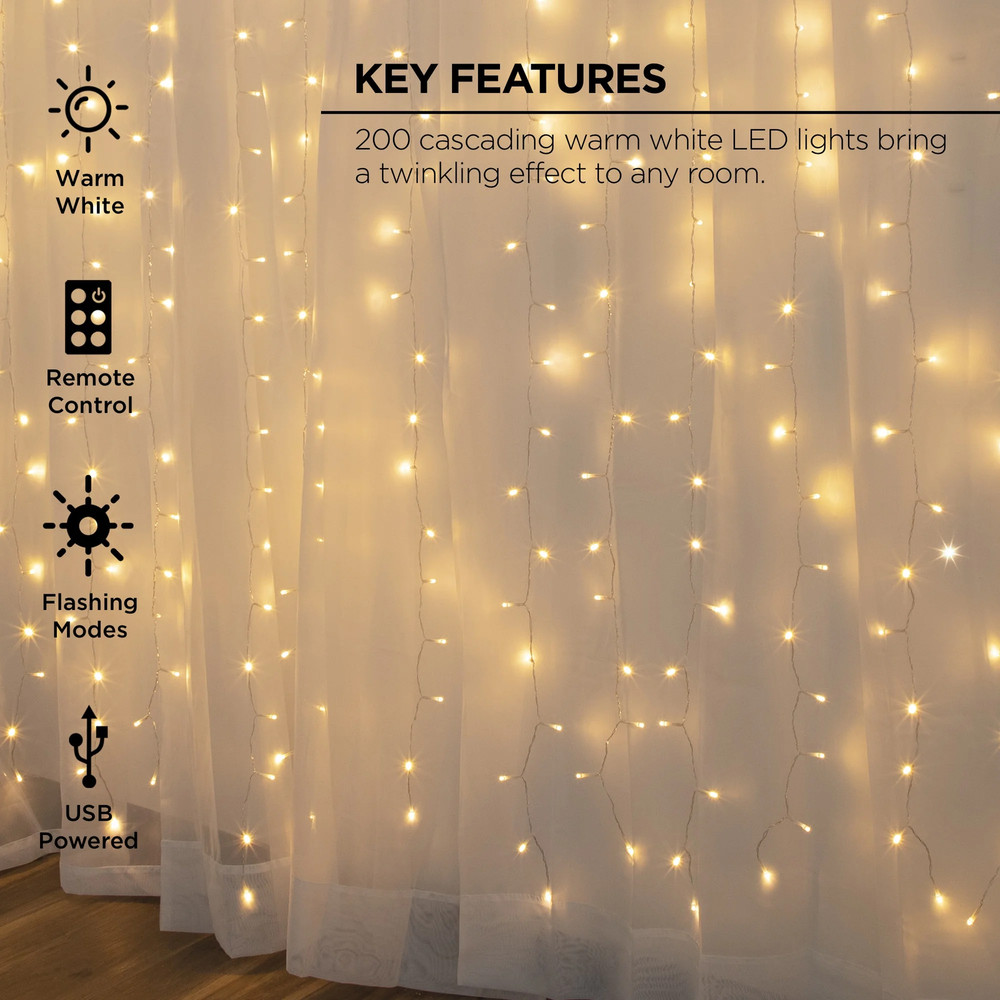 200-Count Warm White LED Curtain String Lights with Remote, Usb-Powered, Indoor