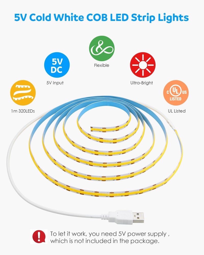 Aclorol USB Led Light Strip COB 3.28FT(with Powered), Cold White/6000K