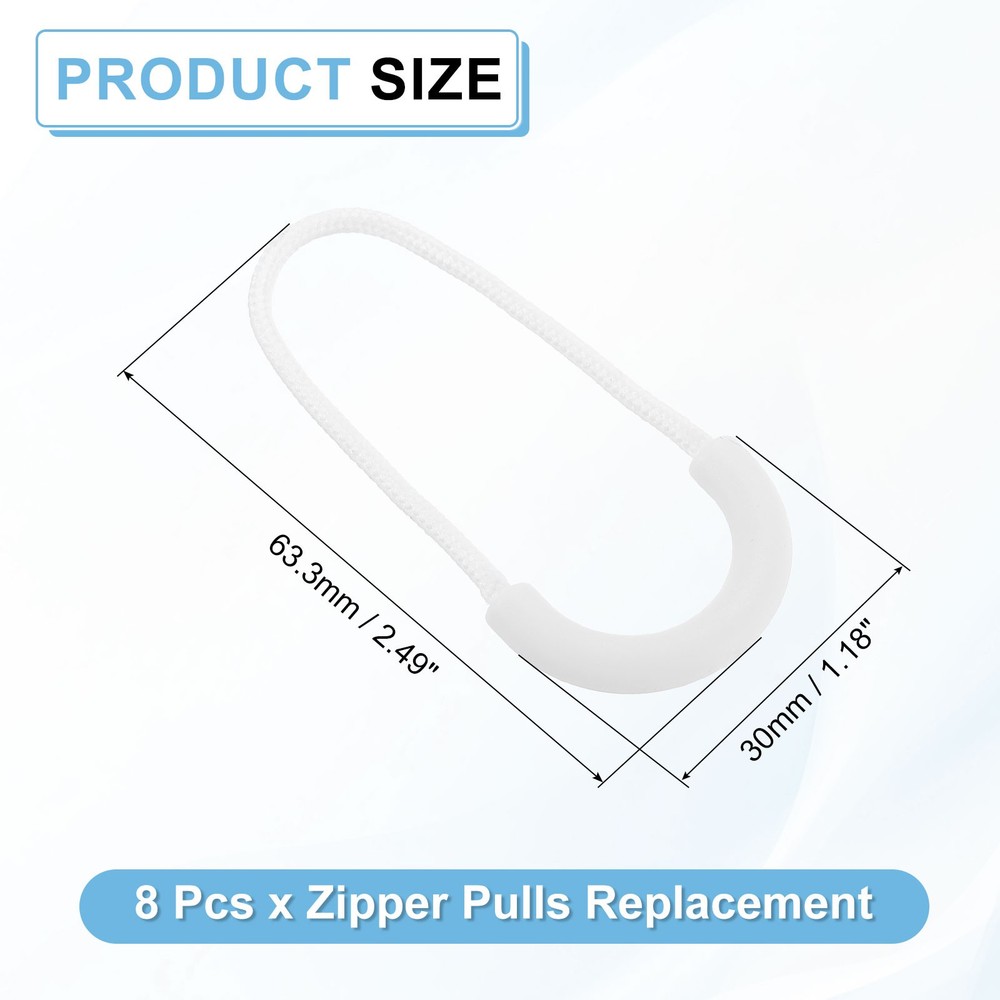8Pcs U-Shape Zipper Pull Replacement Cord Extender, 63.5mm White