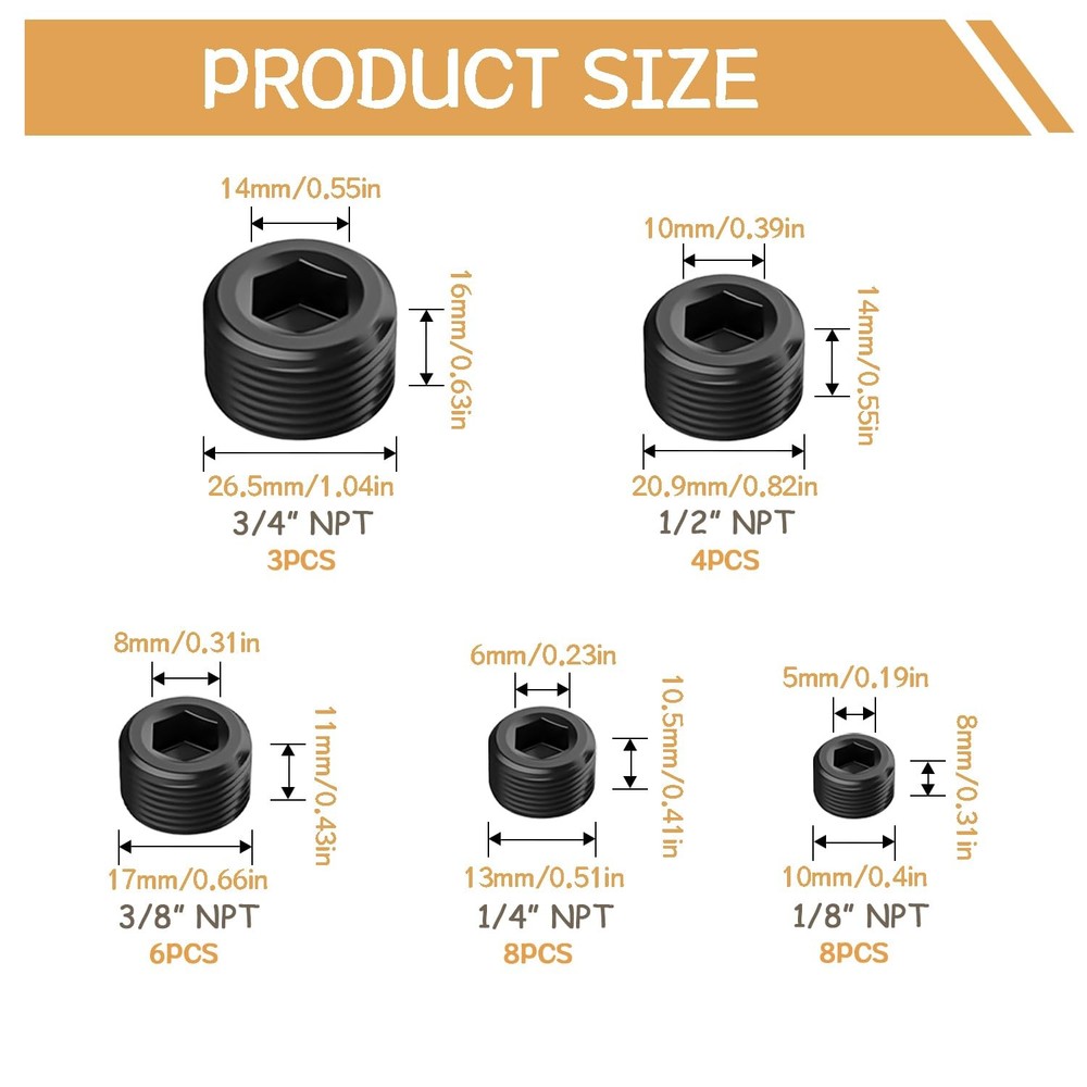 zDwfDc 29PCS 5 Size Pipe Plug Fitting Assortment Kit, Black 29PCS,