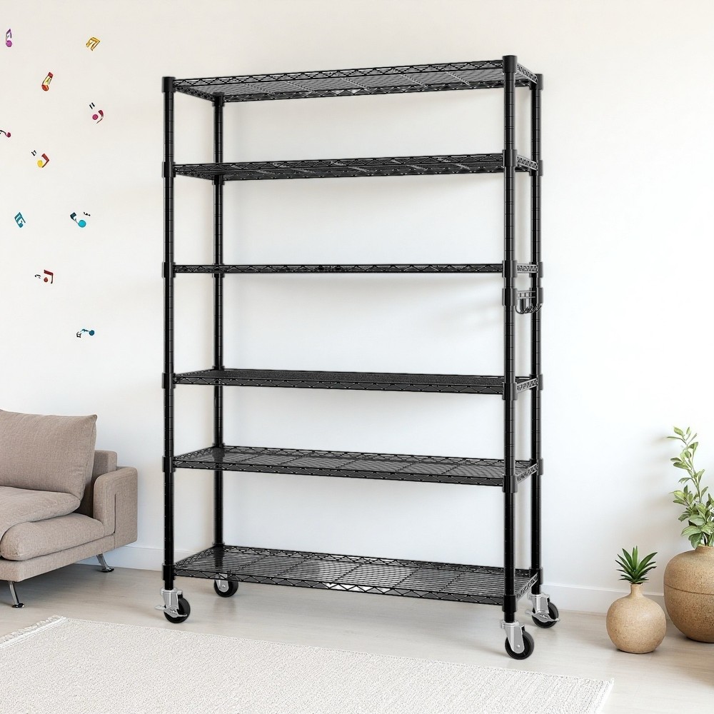 6-Tier Rolling Wire Shelving Unit - Heavy Duty, Adjustable, Hooks & Black