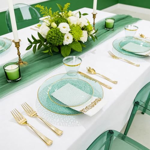 Green Plastic Plates Dinnerware Set (25 Guests), Hammered 175 Pcs Clear Green