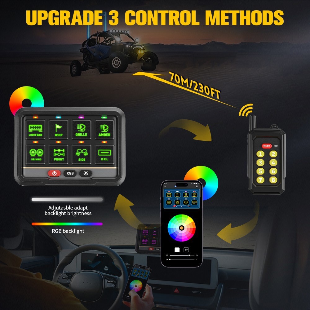 RGB 8 Gang Switch Panel Relay System Remote + Bluetooth app For Can-Am Maverick