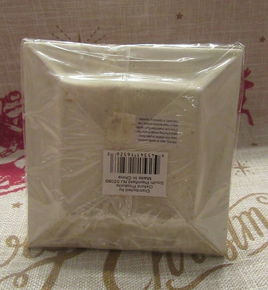 NIP Gold Glitter 3" Square Gift Box Candle with Ceramic Flowered Base/ Holder