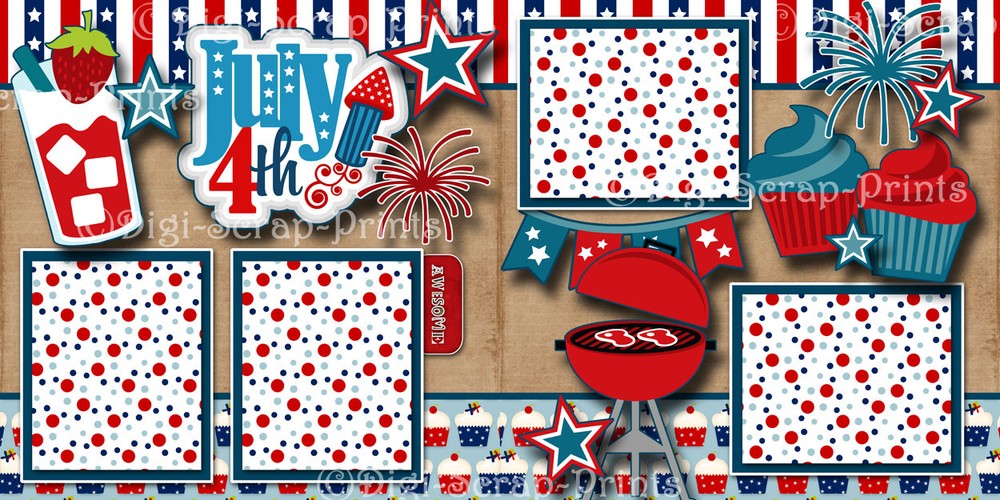 JULY 4TH ~ GRILL bbq 2 premade scrapbook pages paper piecing layout BY DIGISCRAP