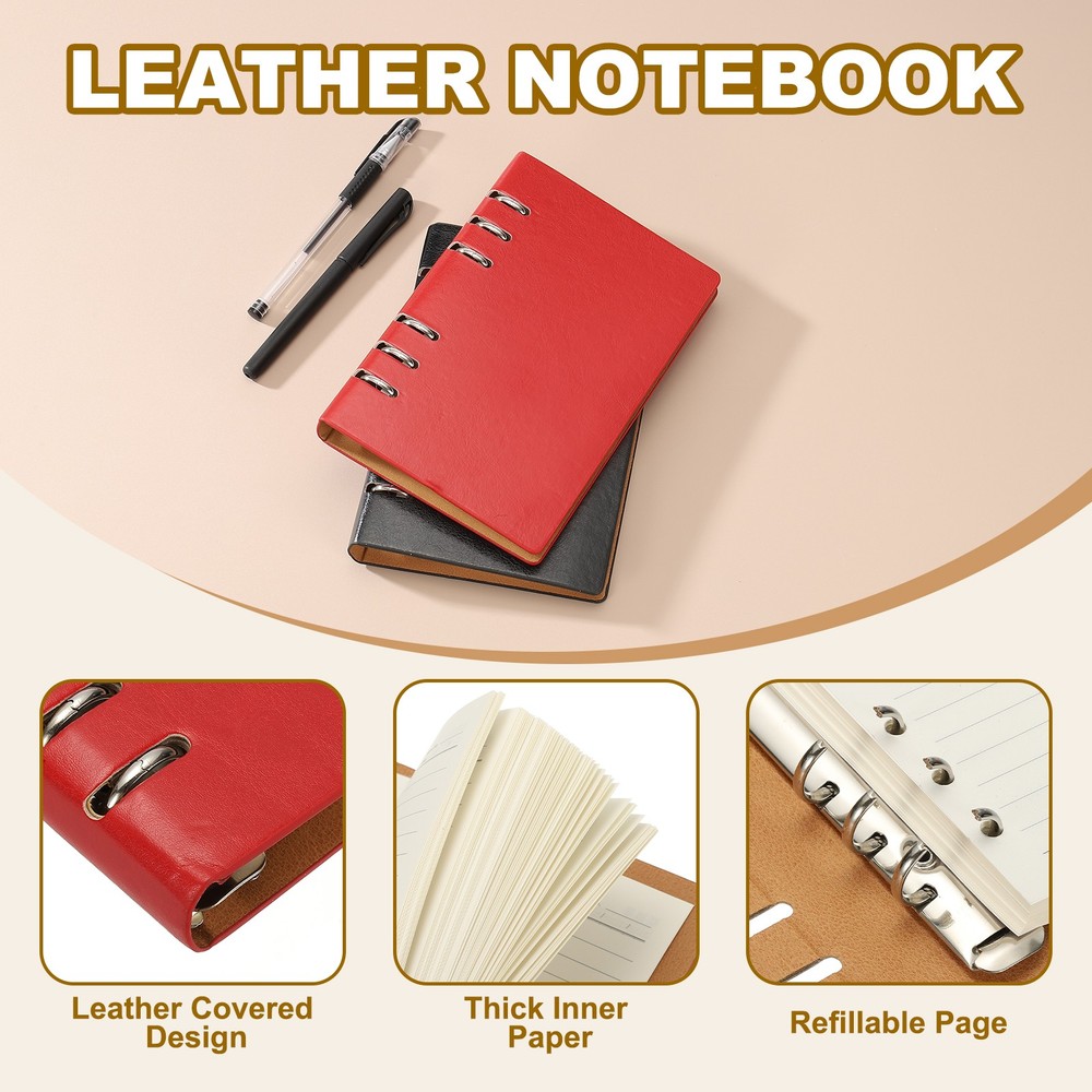 A6 Refillable Leather Notebook, 2Pcs 6 Ring Hardcover Binder Notebook, Red