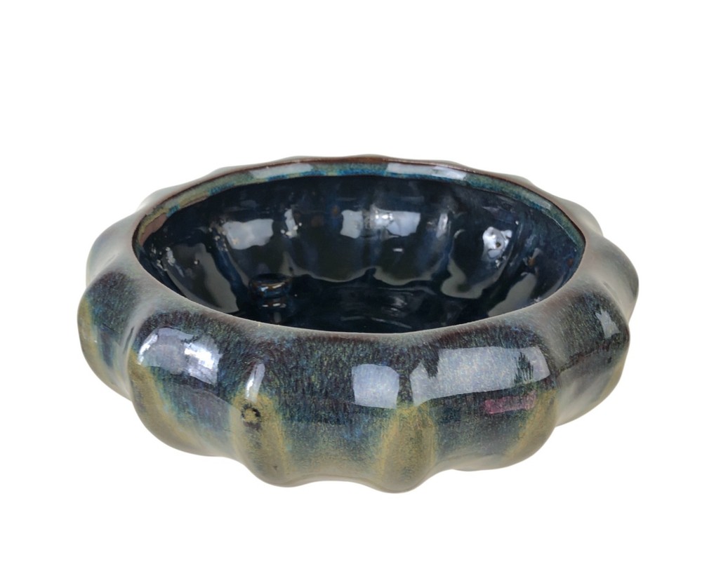 Shallow 9" Bowl Planter Bulb Vase Scalloped Blue Brown Drip Glaze Internal Knobs