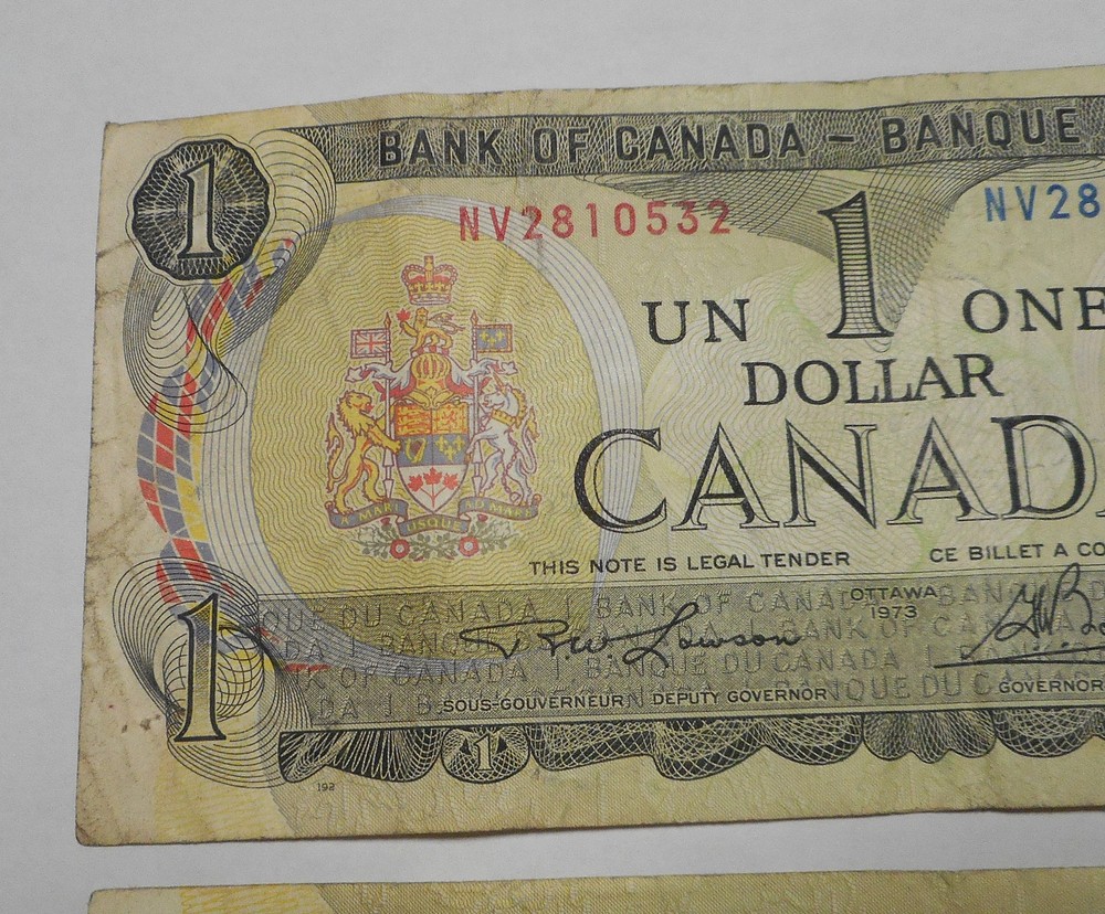 2 1973 One Dollar Notes Bills Canada Lot