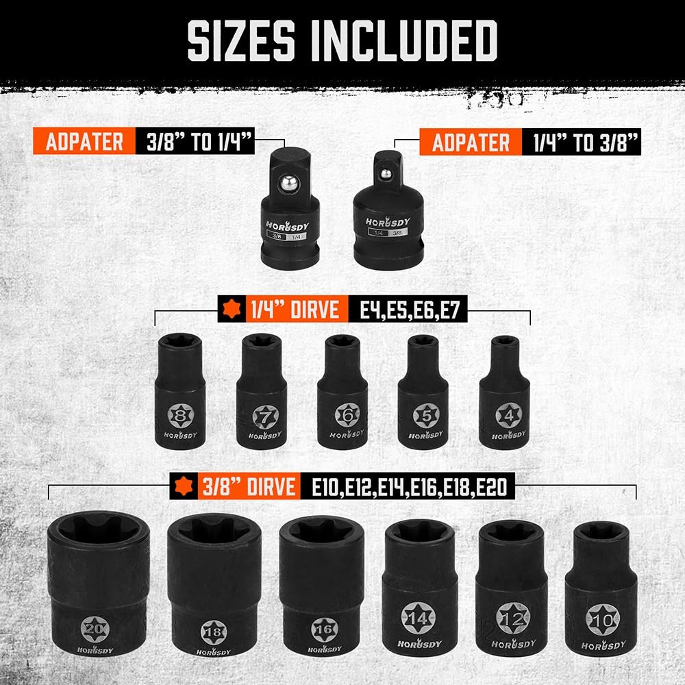 HORUSDY E-Torx Socket Set 13-Piece External | E4-E20, Black