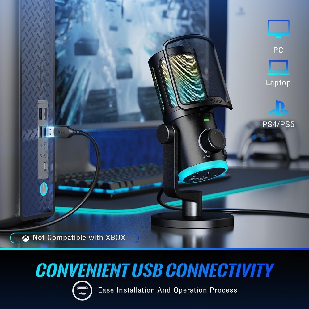 FIFINE Gaming PC Microphone, USB Streaming Microphone with Game Chat Balance,...