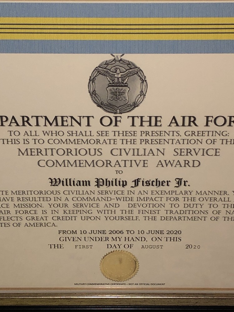 USAF MERITORIOUS CIVILIAN SERVICE COMMEMORATIVE AWARD CERTIFICATE Type-1