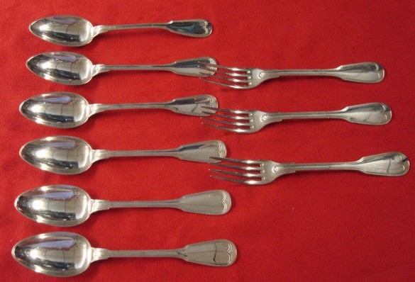 Belgium 800 Silver - Fiddle Thread - 6 Serving Spoons & 3 Forks (#2152)