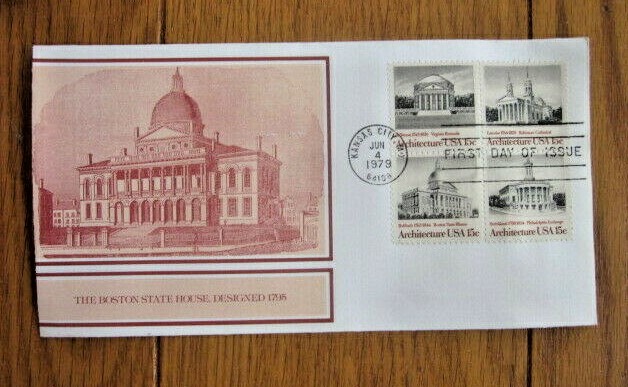 ARCHITECTURE BOSTON STATE HOUSE 1979 4 STAMP SET POSTMASTERS AMERICA CACHET FDC