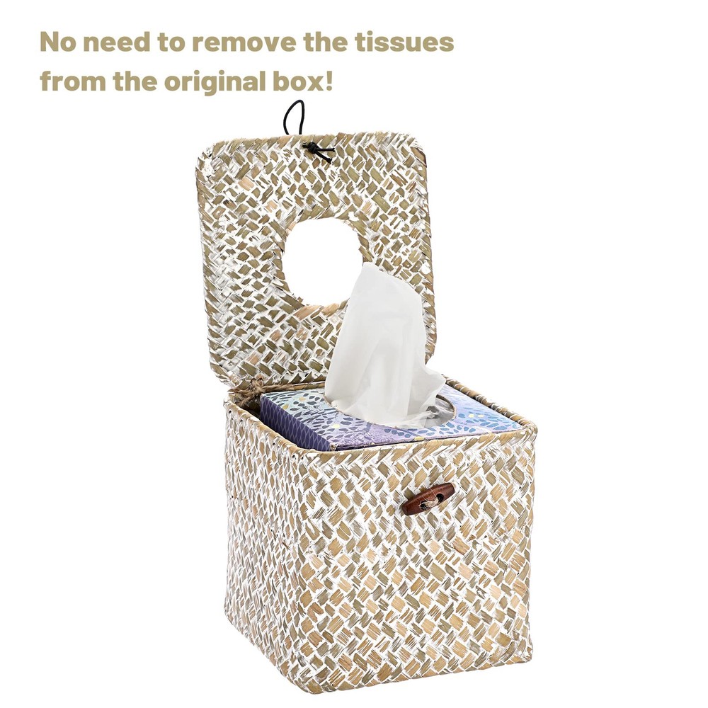 Tissue Cover Square Seagrass Tissue with Lid, Woven Tissue Holder Rustic Cube...