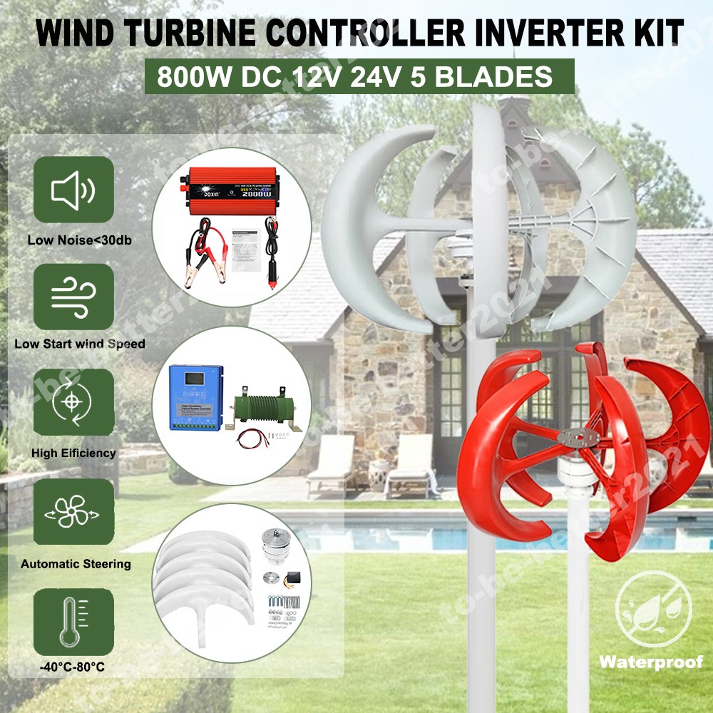 Vertical Axis Lantern Wind Turbine Generator 800W 12/24V +Controller Inverter