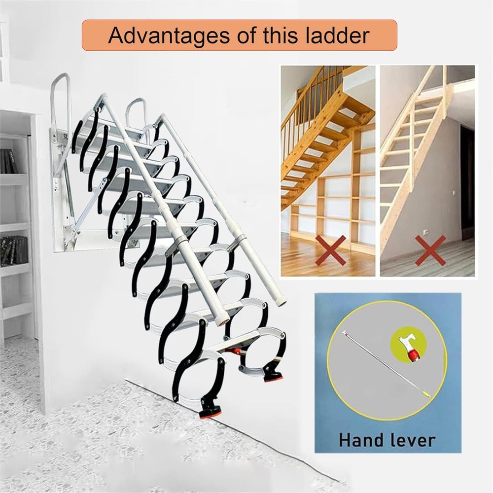 10ft Wall Mounted Folding Ladder Loft Stairs Attic Steps Pull Down + armrest