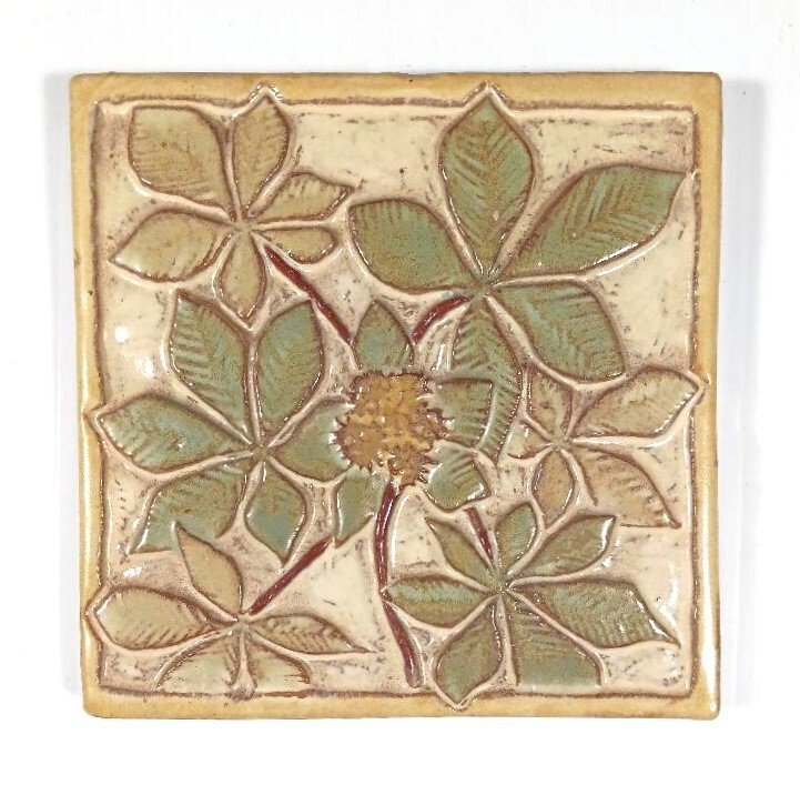 Buckeye Branch  6x6 ceramic  tile, handmade, multicolor, notch to hang