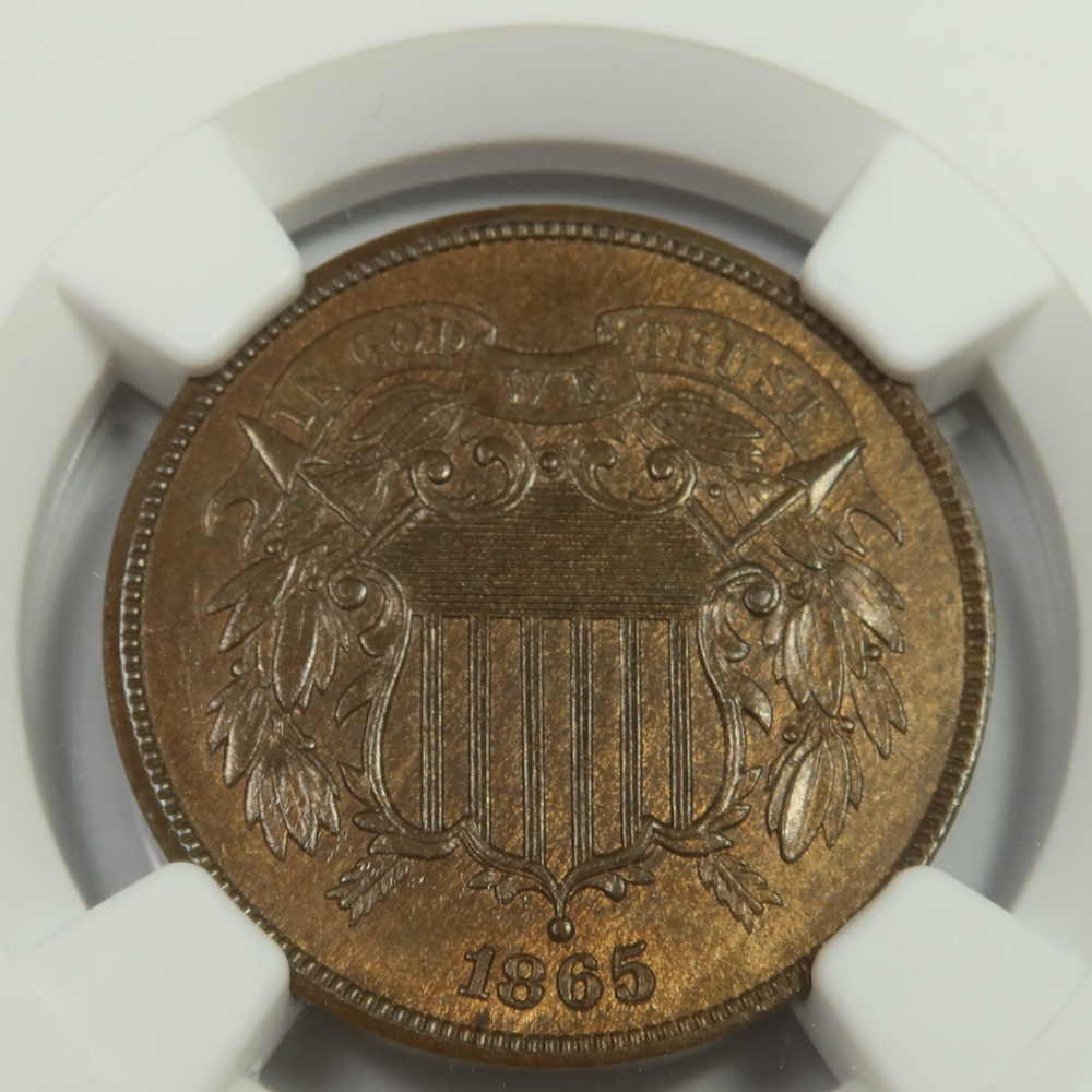 1865 NGC MS64 BN - Plain 5 - Two Cent Piece - 2c US Coin #48223A