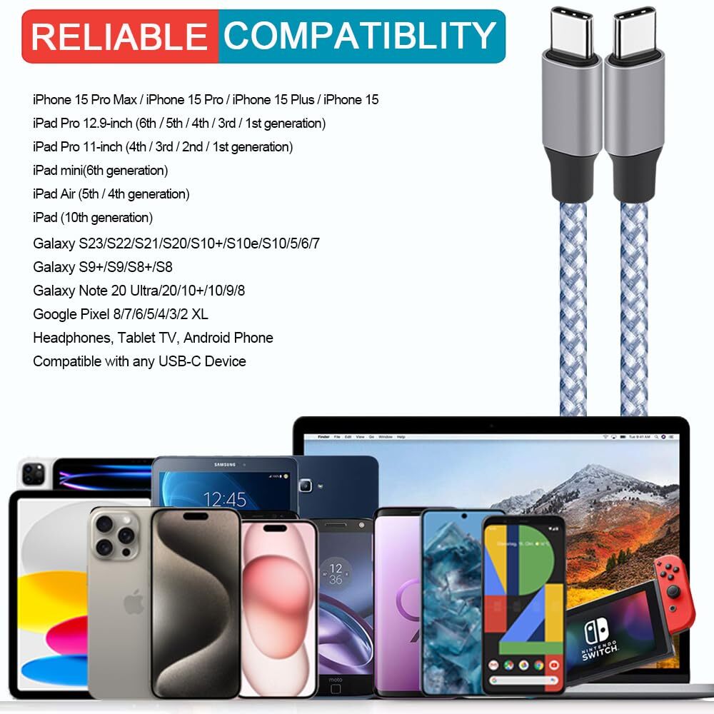 5-Pack Braided USB C to Type-C Fast Charging Data SYNC Charger Cable 3/6/10FT