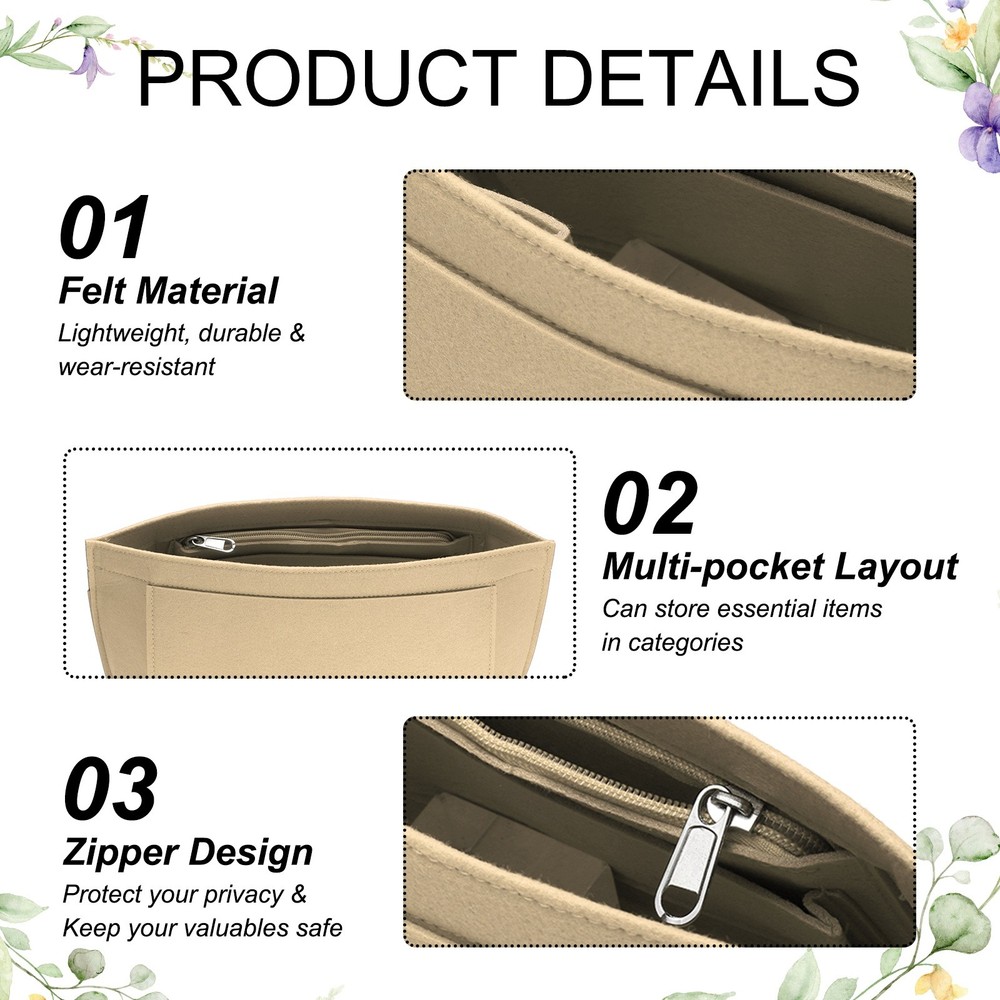 Purse Organizer Insert, Medium Felt Handbag Organizer with Zipper, Beige