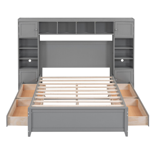 Solid Wood Platform Bed Frames with Storage Drawers All-in-One Cabinet and Shelf