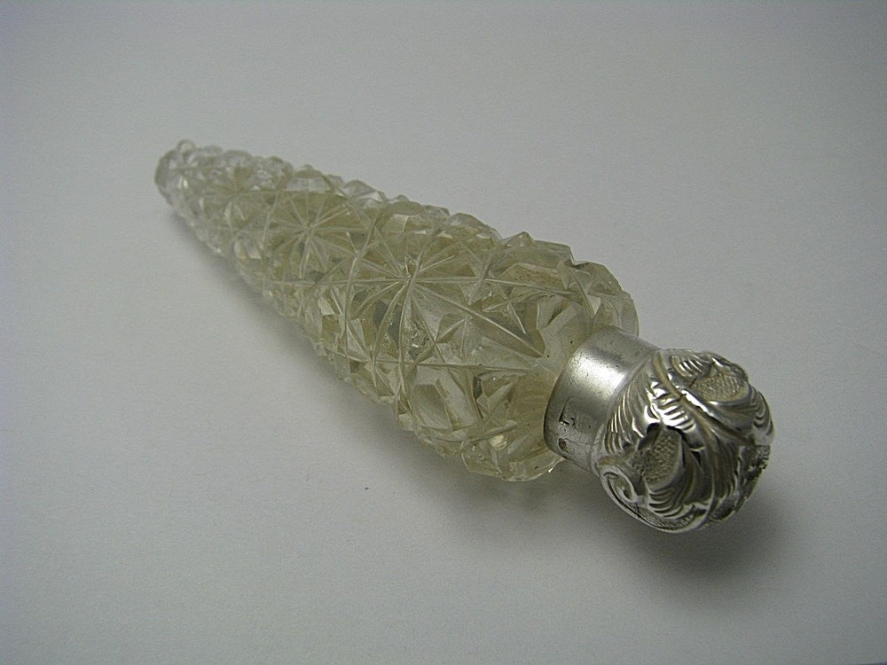 LAY DOWN STERLING SILVER & CRYSTAL SCENT FLASK by Charles May Birmingham ca1888