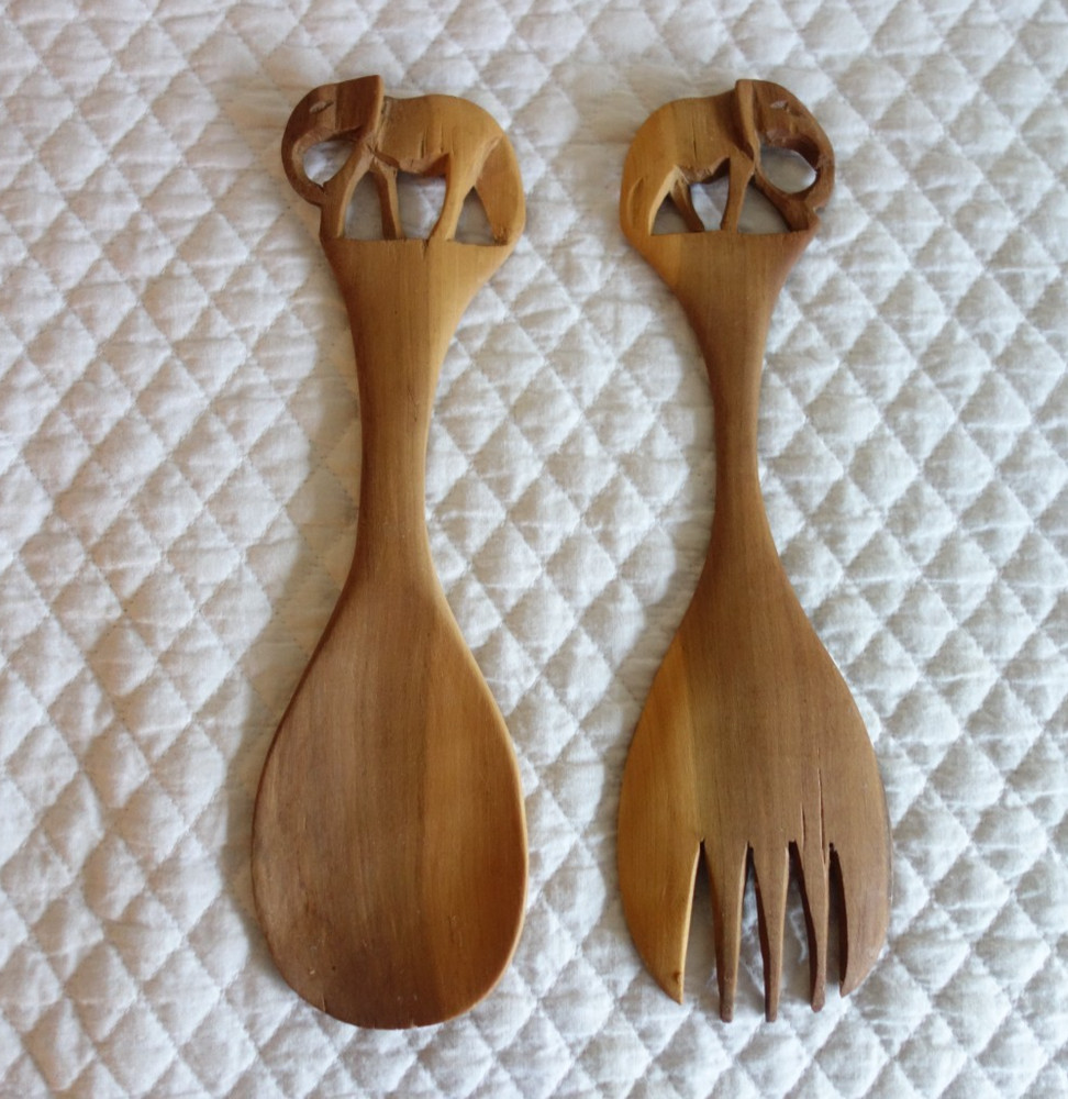 Hand Carved Elephant Salad Fork and Spoon