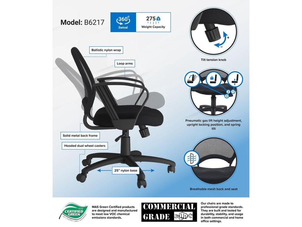 Boss B6217 Mesh Chair with Loop Arms