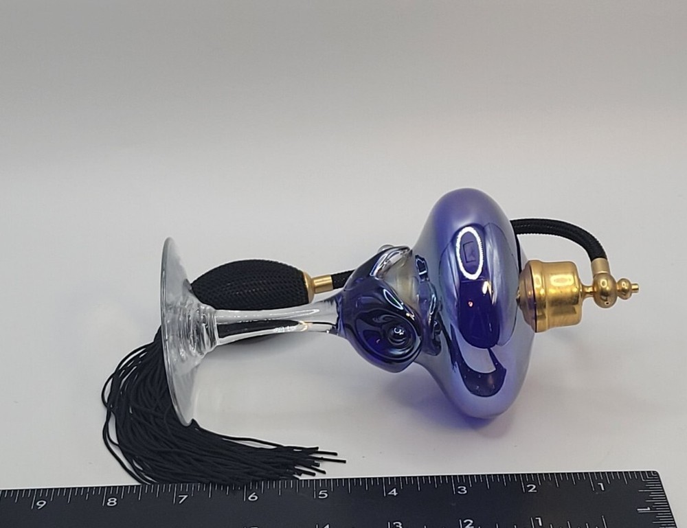 Handblown Iridescent Blue Glass Footed Perfume Atomizer • Refillable • 7"H